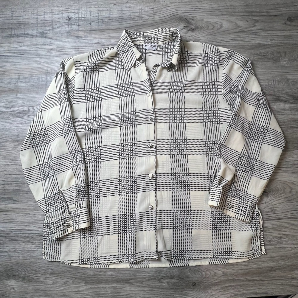 Milano Button‎ Up Blouse Womens Large Cream Black Grid Pattern Career Top W53